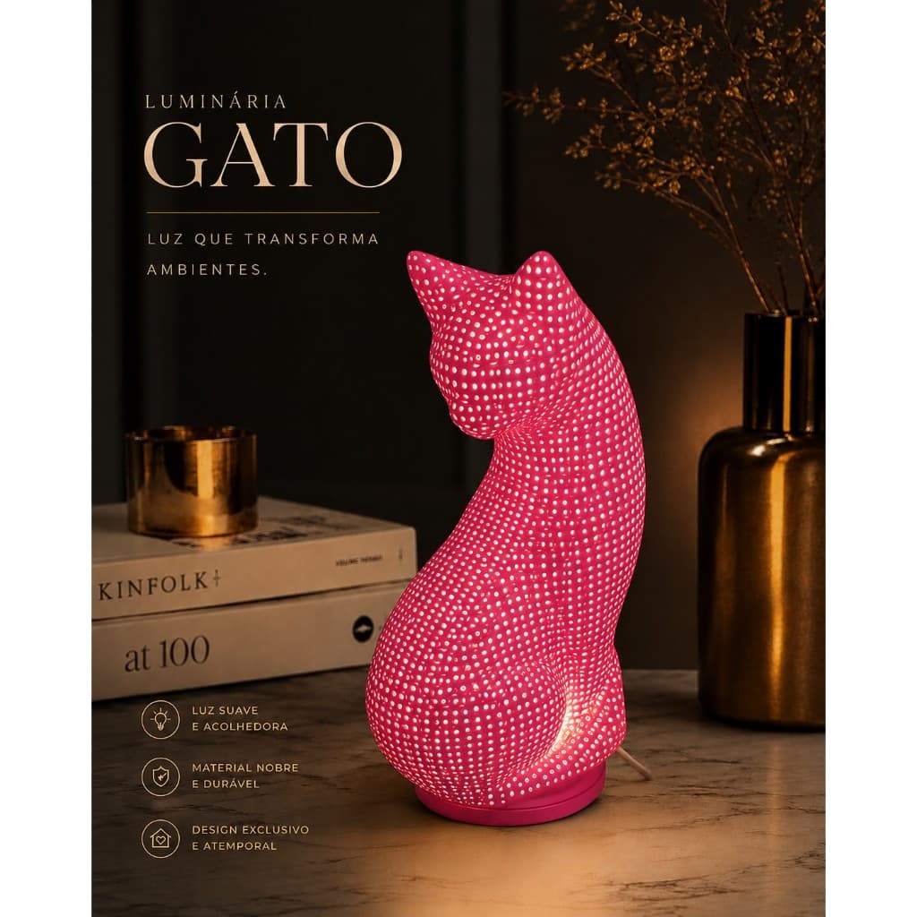 Luminária Gato rosa Decorativa LED  Vazado Luz Abajur de Mesa Quarto Sala