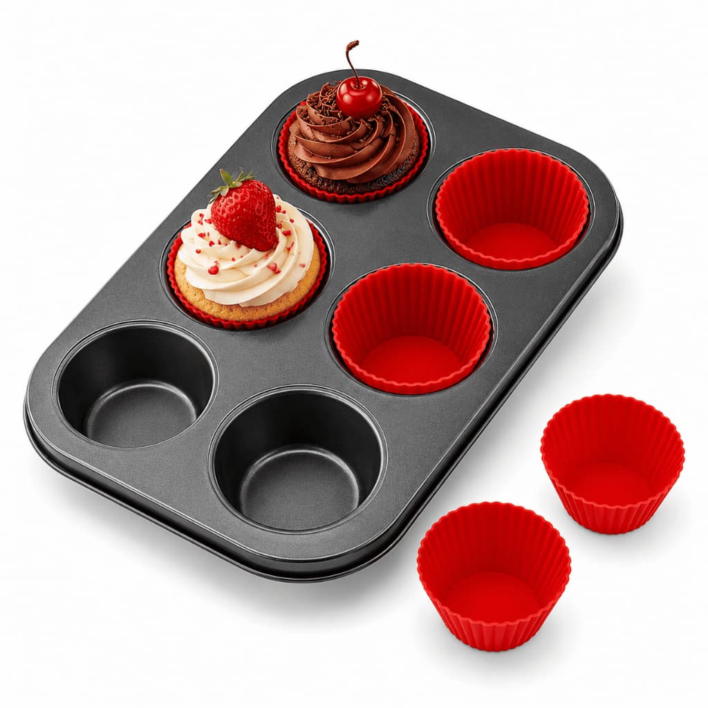 Forma para Cupcake e Muffin - Assadeira com 6 Cavidades Antiaderente, com 6 Forminhas de Silicone