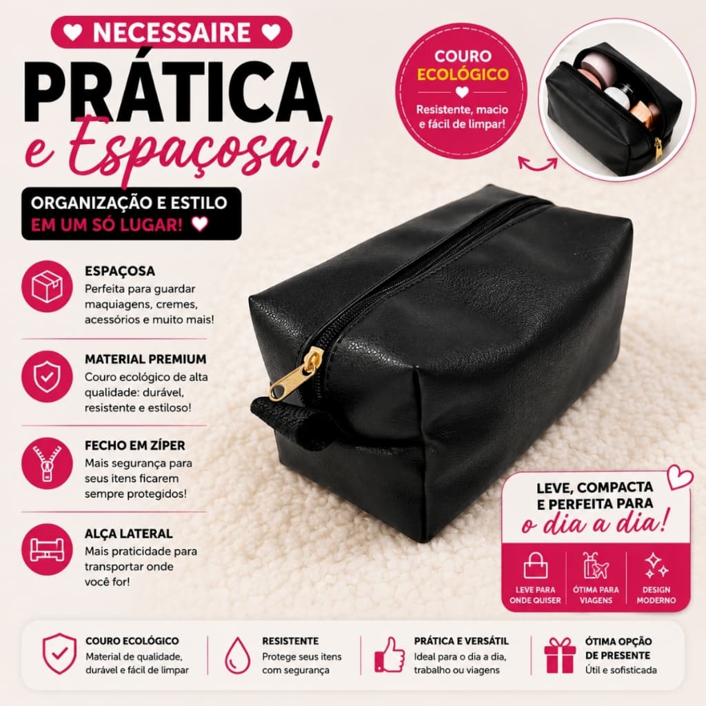 Necessaire Feminina Couro Ecológico Preta Porta Maquiagem Bolsa Viagem Necessaire Espaçosa com Zíper