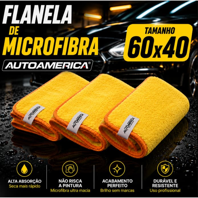 Kit Flanela Amarela Microfibra Autoamerica 60x40 Premium Alta Absorção Automotiva Vidros Limpeza