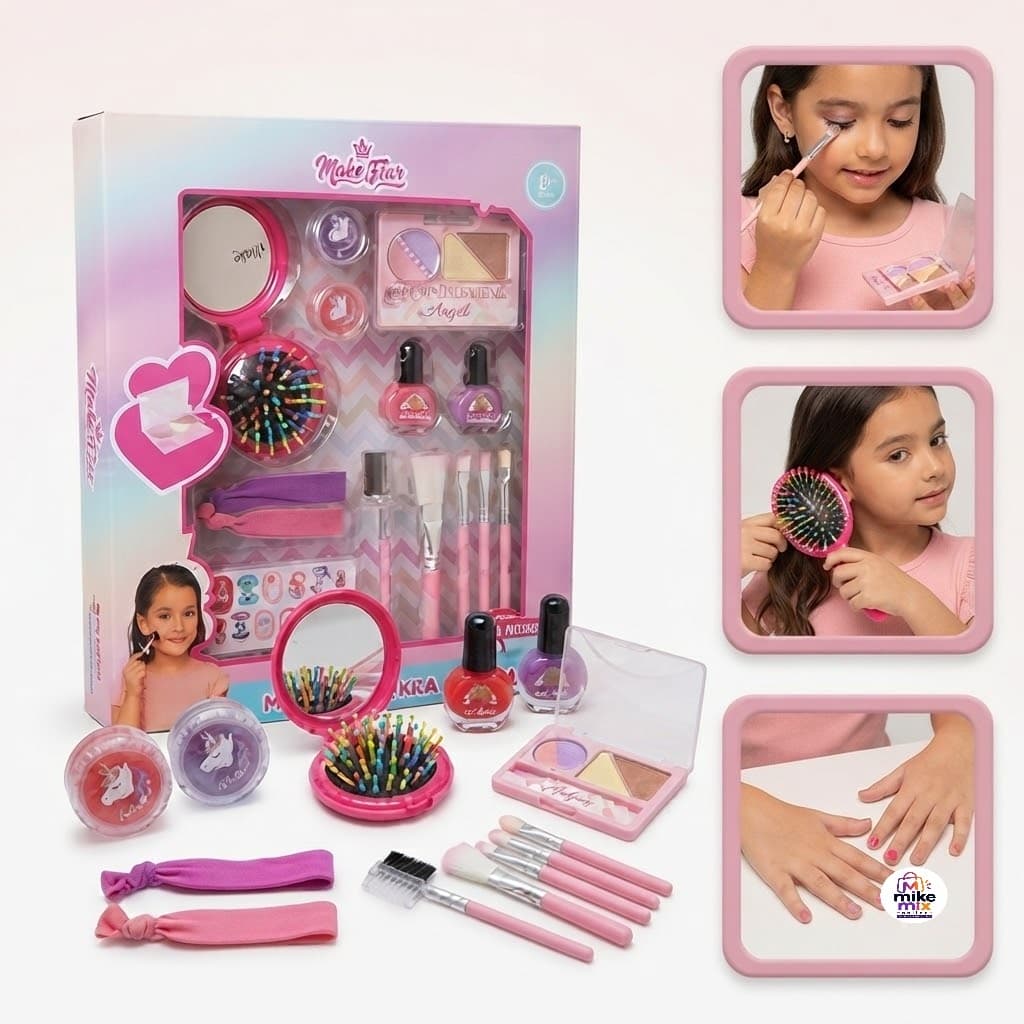 Kit Maquiagem e Cabelo Infantil com Pincéis Espelho Escova Acessórios Salão de Beleza Brinquedo Menina Presente