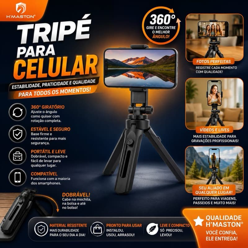 Tripe para celular suporte vertical e horizontal para filmagem no dia a dia com Estabilidade e Profissionalismo