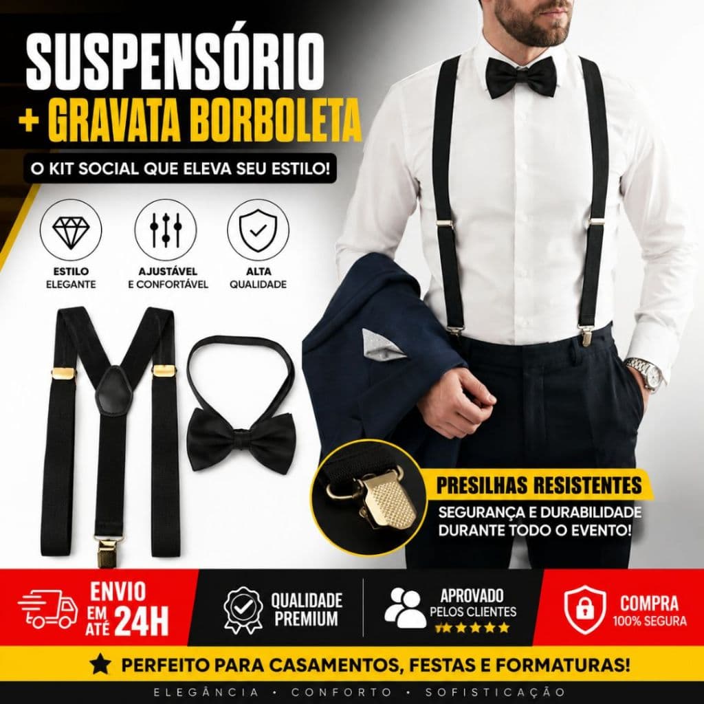 Suspensório Masculino com Gravata Borboleta Ajustável Kit Social Preto para Casamento Festa Formatura