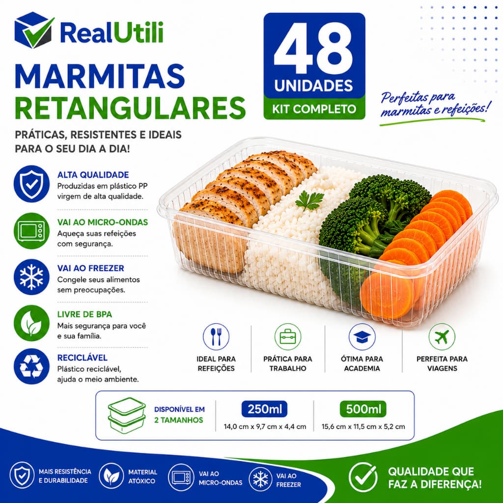 48 Marmitas 250ml e 500ml Fit Pote Descartável Retangular Plástico Freezer Microondas com Tampas
