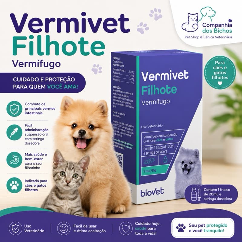 Vermivet Filhote Vermífugo para Cães e Gatos Filhotes Frasco 20ml com Seringa Dosadora - Biovet