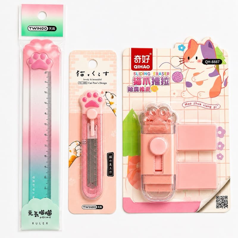 Kit Papelaria Kawaii Patinha de Gato | Régua 15cm Estilete e Borracha