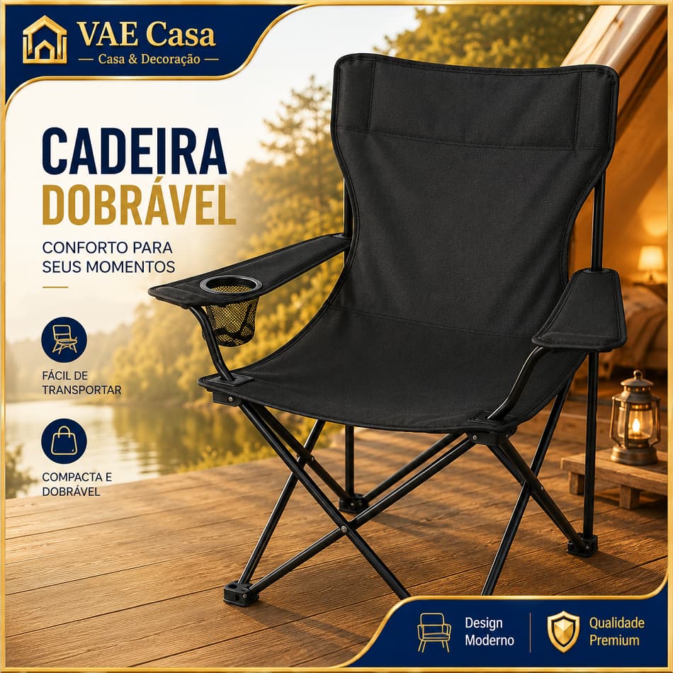 Cadeira Camping Retrátil Preta Com Suporte, Assento Amplo Confortável, Armação Reforçada E Sistema De Dobra Simples
