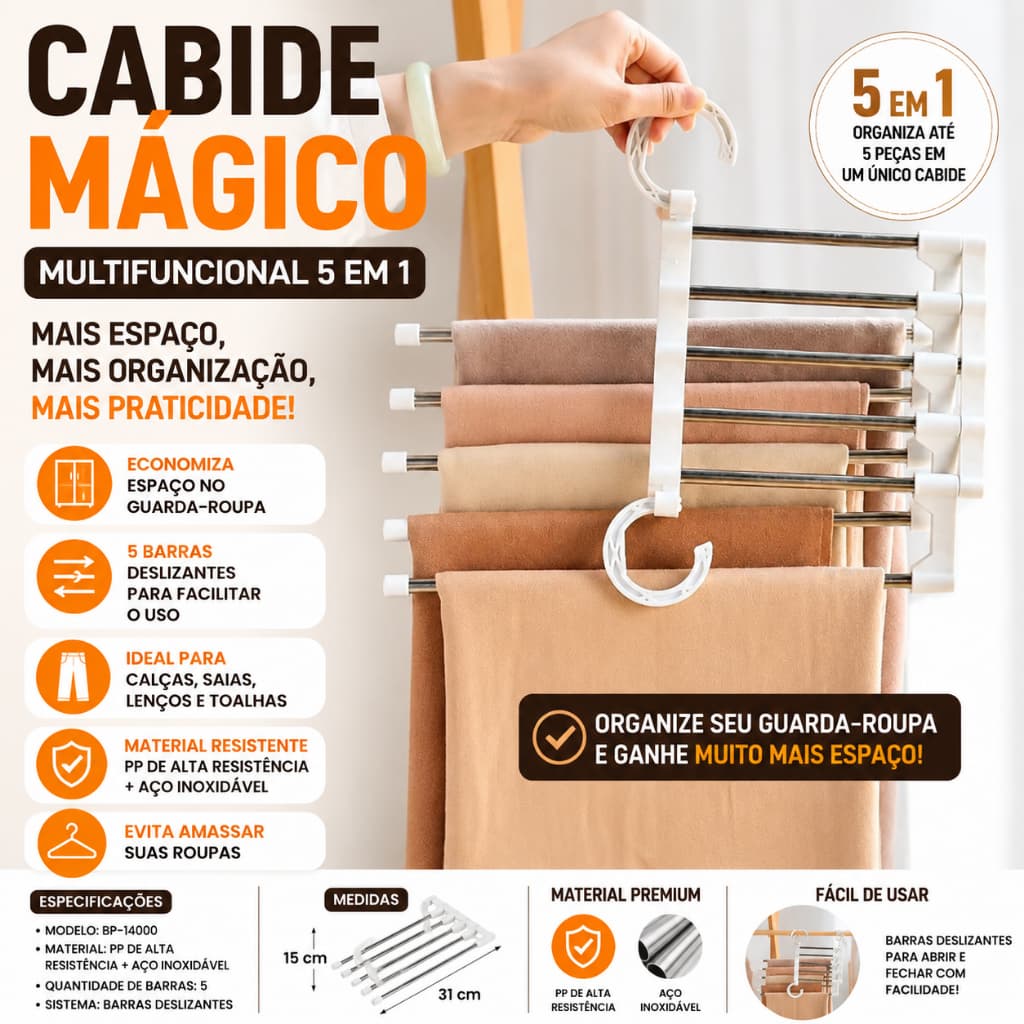 Cabide Mágico Multifuncional 5 em 1 para Calças Organizador de Guarda-Roupa Economiza Espaço Premium