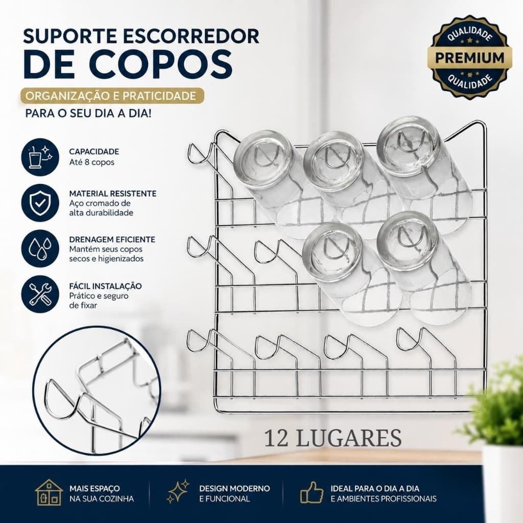 SUPORTE ESCORREDOR PARA COPOS  DE 12 LUGARES