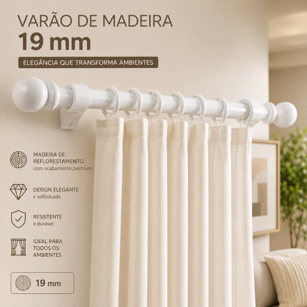 Kit Com Até 3 Varão de Madeira 2,00m X 19mm + Suporte De Fixação