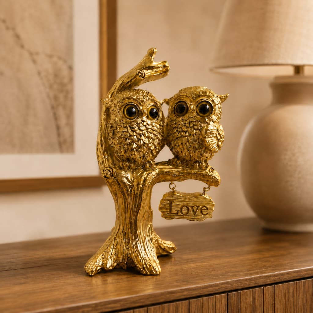 Escultura Decorativa Corujas do Amor em Resina Dourada Para Sala Estante Presente Romântico Decoração de Casa