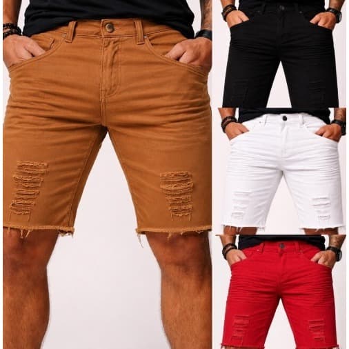 Bermuda Marrom Masculina Rasgada Sarja Slim Várias Cores Bermuda Jeans Claro Promoção Barata