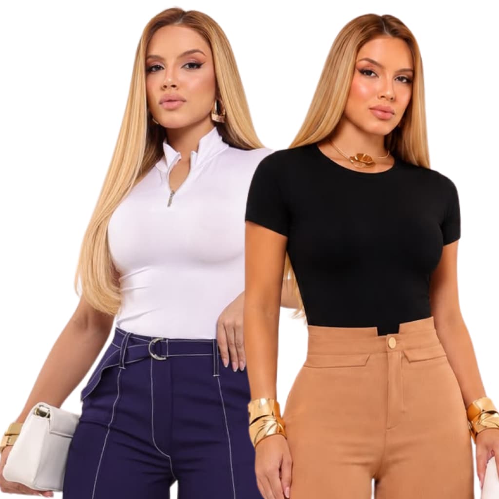 Kit 2 Blusas Femininas Manga Curta Malha Romantic Gola O e Gola com Zíper P ao GG