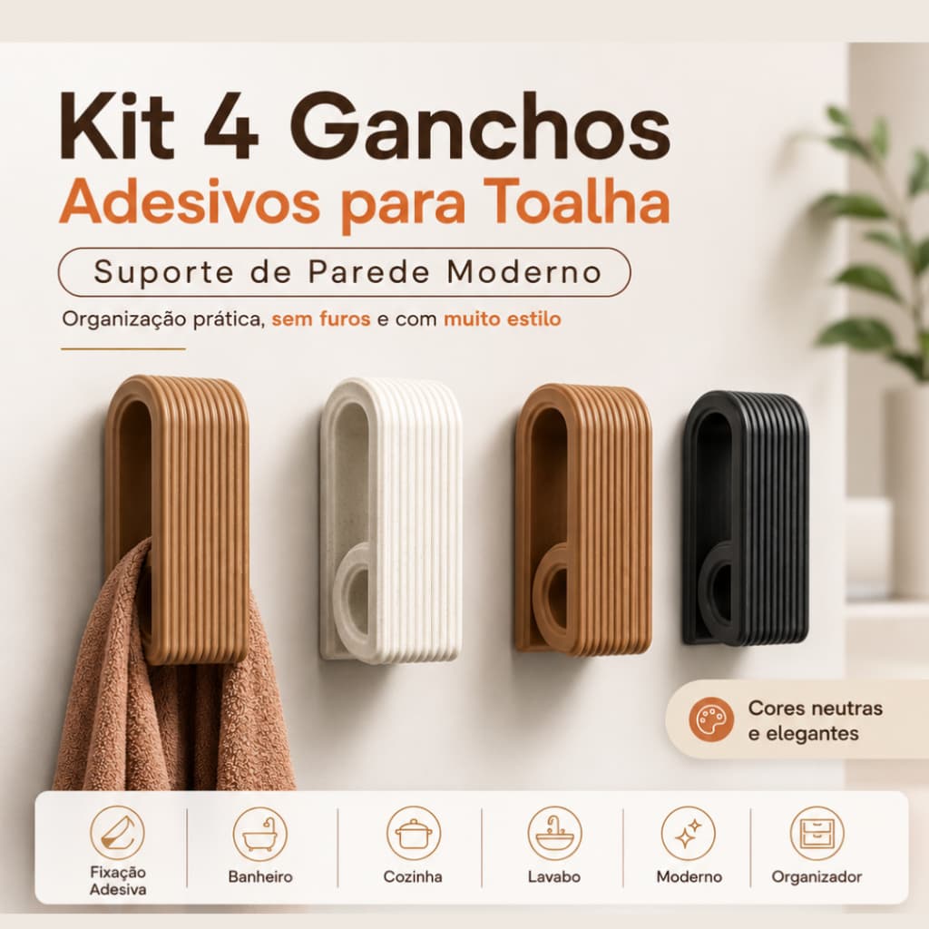 Kit 4 Suportes de Toalha Adesivos para Parede | Pendurador Moderno para Banheiro e Cozinha