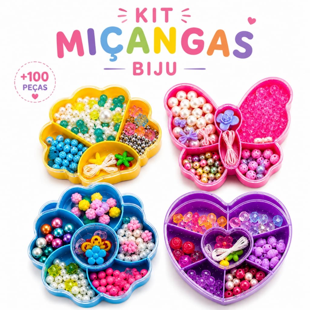 Kit Miçangas Infantil +100 Peças Fazer Pulseiras Colares Estojo Organizador 4 Modelos