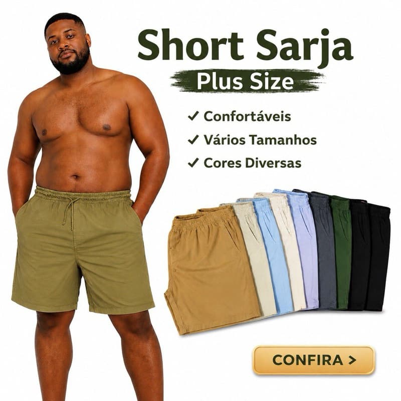 Short Plus size masculino - Sarja macia - Cadarço regulagem- Bolso Traseiro