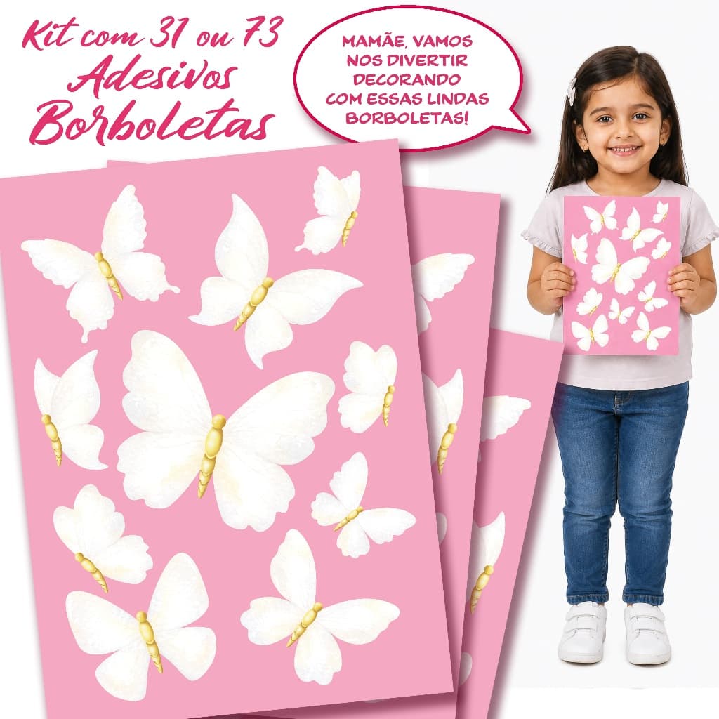 kit 73 Adesivos De Parede Borboletas em branco para paredes coloridas, Decoração quarto infantil