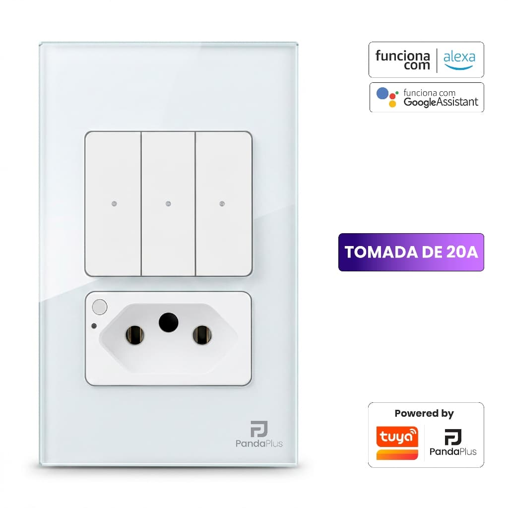 Interruptor com Tomada Inteligente 20A 1, 2 E 3 Botões Smart Wifi App Alexa Tuya Google Home Panda Plus
