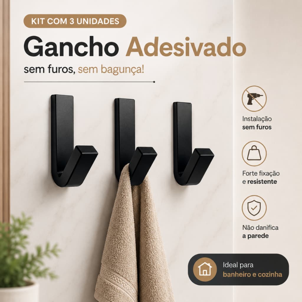 Gancho Adesivo Sem Furo Moderno Suporte Resistente Para Toalha Pano de Prato Banheiro Cozinha Fixação 3M Alta Aderência