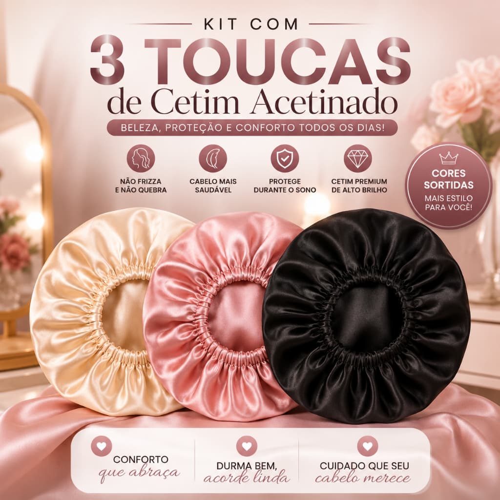 Kit 3 Toucas de Cetim Para Dormir Antifrizz Anti Queda Macio Protege Cabelos Cacheados Lisos Ondulados