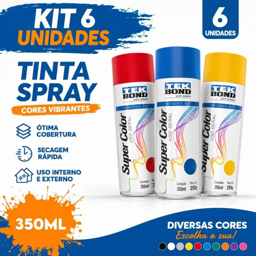 Kit 6 Tinta Spray Uso Geral Pintura Todas Cores Tekbond