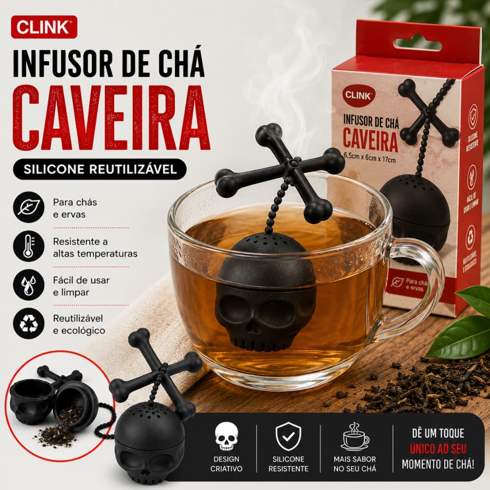 Infusor de Chá Caveira em Silicone Reutilizável para Chá e Ervas - Clink