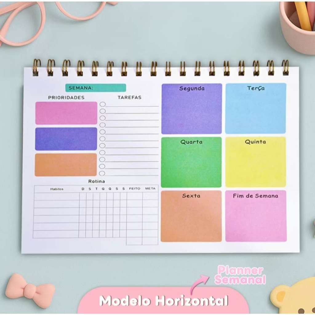 Planner Diário/Semanal 50 Folhas Com Capa e Contra-Capa de Acetato - Vertical ou Horizontal / Diário ou Semanal