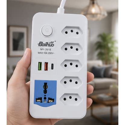 Filtro de Linha Bivolt 5 Tomadas + 1 Universal + 2 USB + 1 Tipo-C Cabo 1,8m Interruptor Liga/Desliga