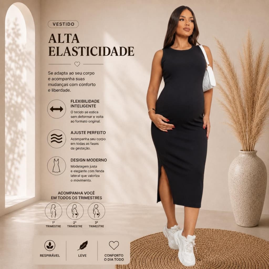 Vestido Casual Materno Gestante Gravidez de Manga Curta Ribana de Algodão Alta Elasticidade Confortavel e Fenda Lateral