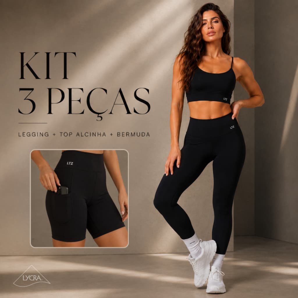 KIT Fitness 3 Peças Legging Poliamida Premium + Top Alça + Bermuda Poliamida Premium