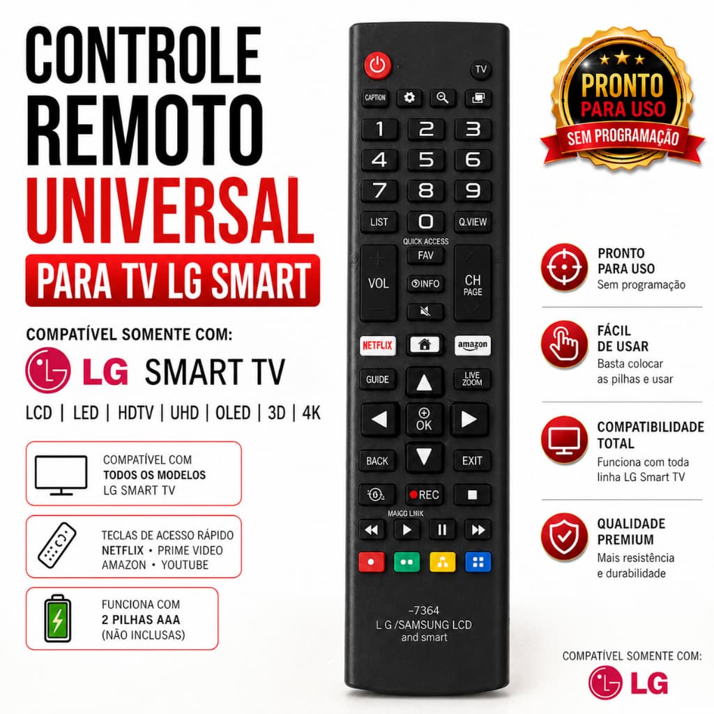Controle Remoto Universal LG Smart TV LCD LED 4K UHD OLED Sem Programação