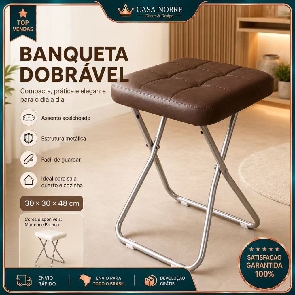 2 cadeiras Banquinho Dobrável Estofado Modelo 9 Divisões Marrom Escuro, Armação Metálica Cozinha E Ambientes Pequenos