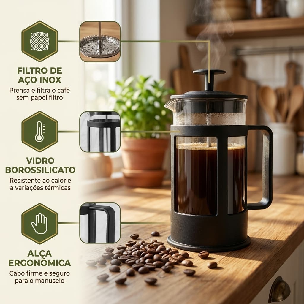 Cafeteira Prensa Francesa 600ml - Em vidro e inox Coagem rápida e pratica do seu café
