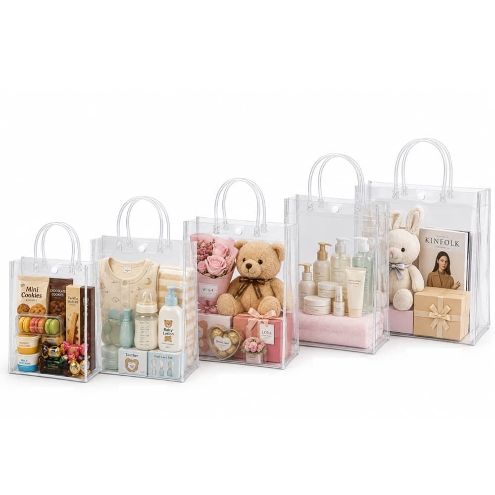 Kit 20 Sacolas de Presente PVC Transparente Reutilizáveis - 5 Tamanhos 15*20*7cm/20*16*8cm/28*28*12cm