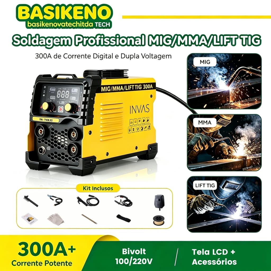 (Simples Prático)Máquina De Solda Inversora Bivolt 110V/220V 300A MIG MMA TIG Lift Sem Gás LCD Portatil Com Acessórios