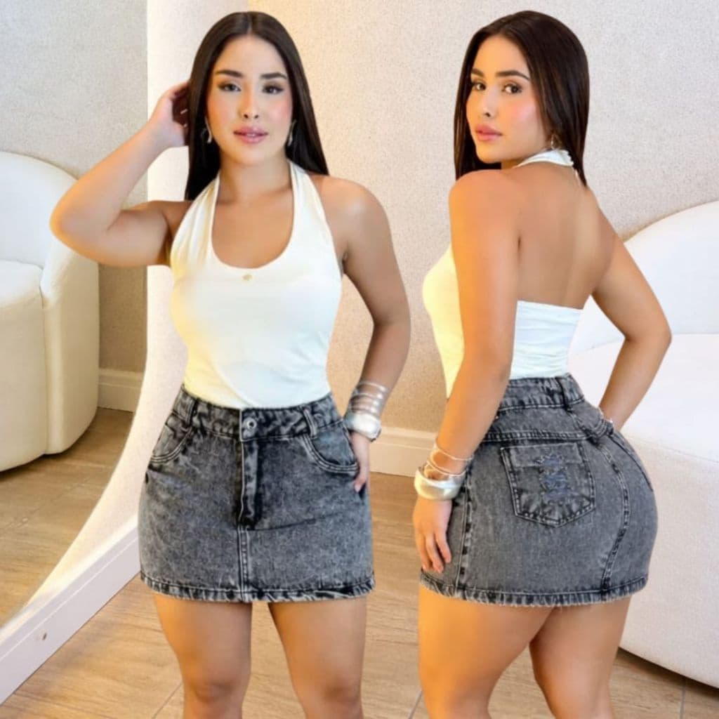 Saia Jeans Feminina 100% Algodão Cintura Alta Barra com Bainha