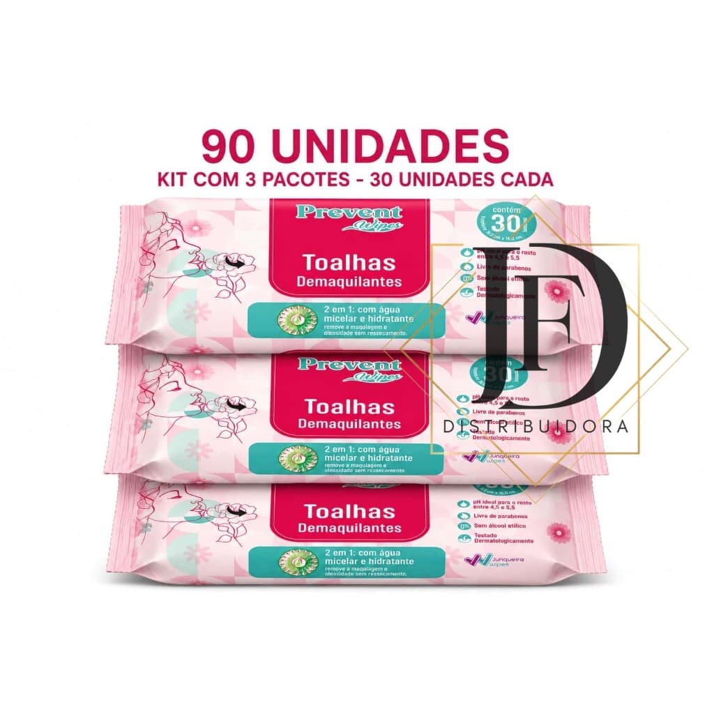 Kit até 03 pacotes Toalhas Demaquilantes Prevent Wipes com Água Micelar e Hidratante | 30un por pacote