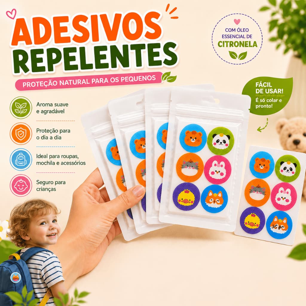 Adesivo Repelente de Citronela Infantil Kit 36/72/144 Anti Mosquito para Bebês Crianças Roupas Sai Mosquito