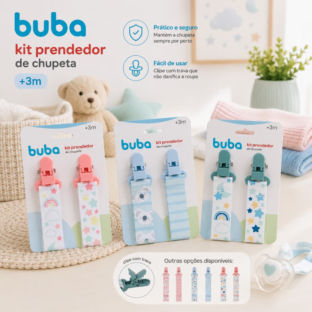 Kit 2 Prendedores De Chupeta Com Clipe - Buba Prendedor Bico