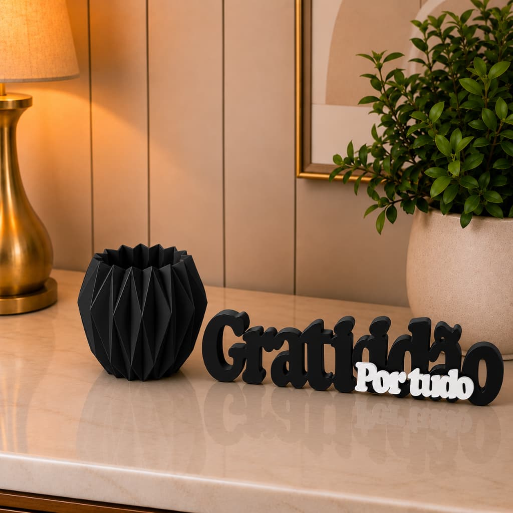Kit Decorativo Gratidão Por Tudo + Vaso Geométrico origami Decoração Moderna Mesa Sala Escritório Home Office