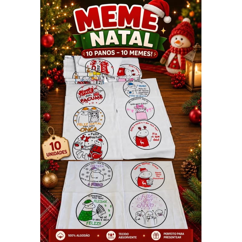 Pano De Prato Estampado 10 Unidades meme bento flork NATAL