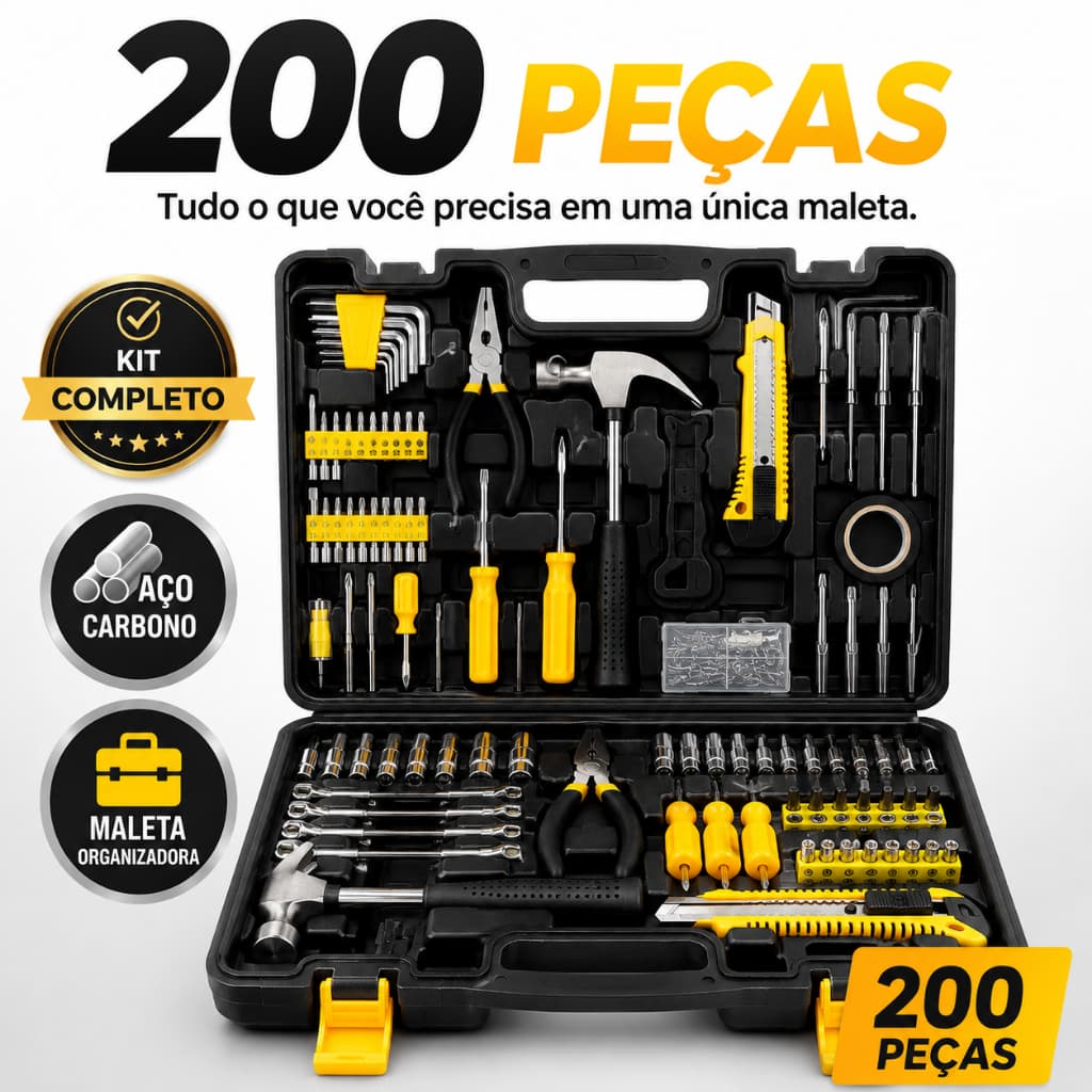 Kit Ferramentas Profissional Completo Maleta 200 Peças Multifuncional Preto