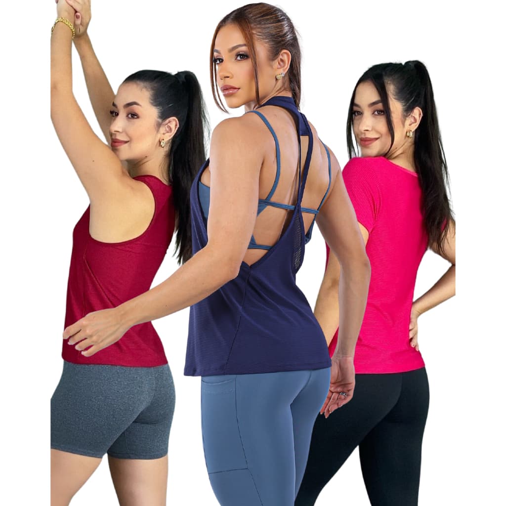 KIT 3 BLUSAS FITNESS Dry Fit Regata tradicional e camiseta de manga e regata costas trançadas academia para treino