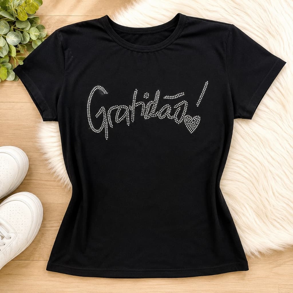 Camiseta Feminina T-Shirt Gospel Cristã com Strass Evangélica Manga Curta Casual Básica Confortável Presente Evangélico