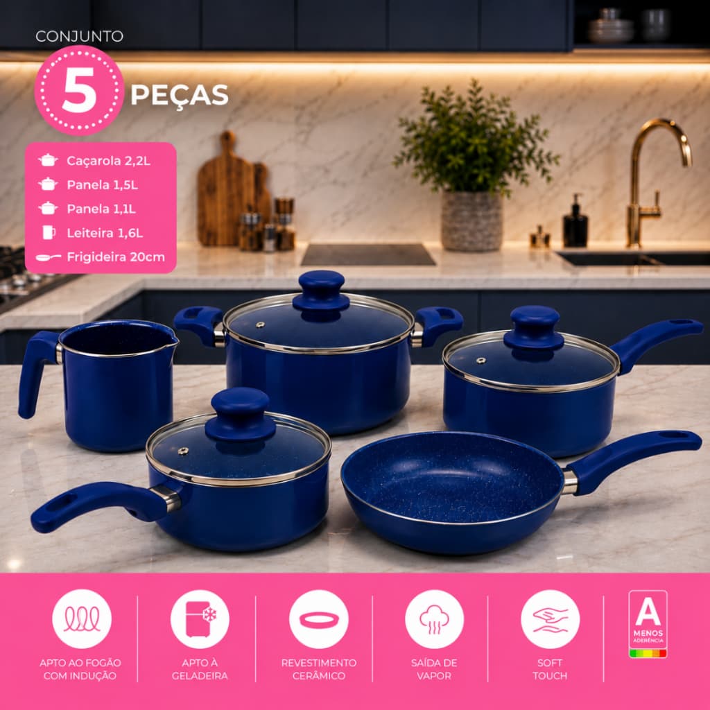Conjunto 5 Panelas Versalhes Azul Cerâmico Antiaderente Alumínio Premium Soft Touch p/ Indução Fogão