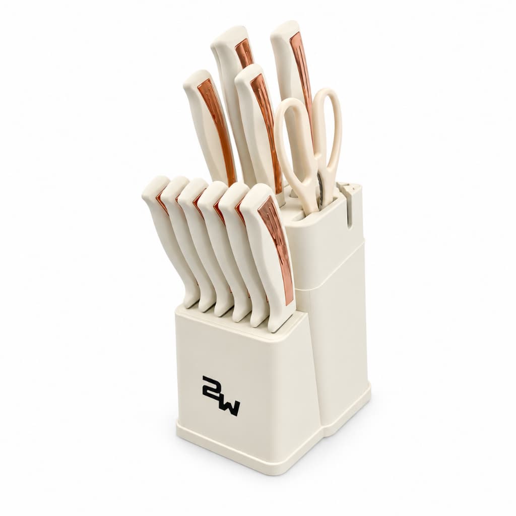 Kit de Facas 14 Peças com Suporte Afiador Integrado Tesoura e 6 Facas para Carne