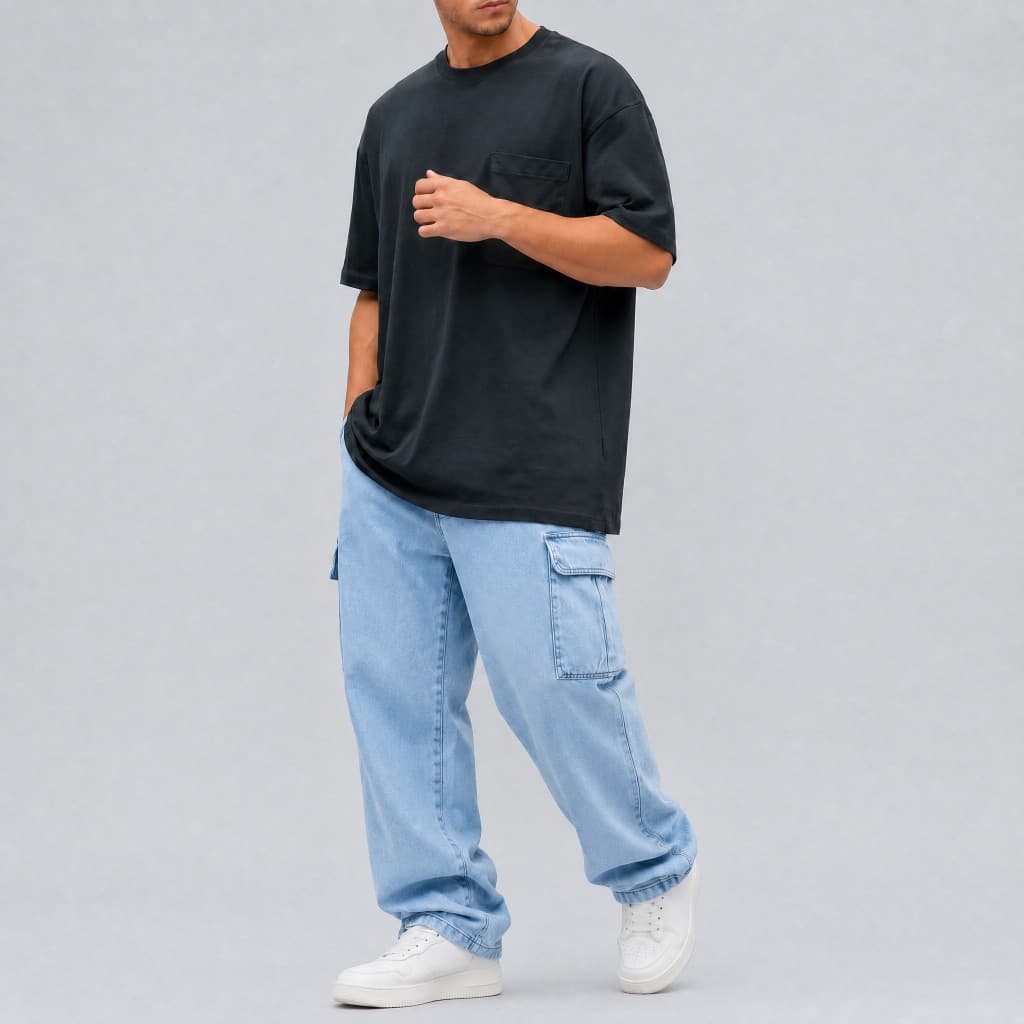 Calça Jeans Cargo Masculina Streetwear Em 100% Jeans Com Cintura Elástica E 6 Bolsos