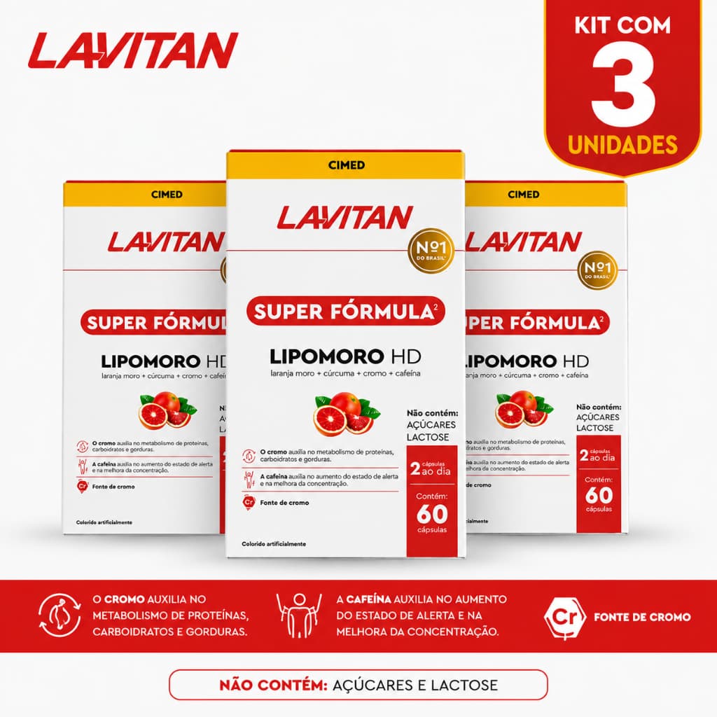 Kit 2 e 3 Lavitan Lipomoro HD Super Fórmula 60 Cápsulas Cimed Laranja Moro Cromo Cafeína Auxilia Metabolismo Original