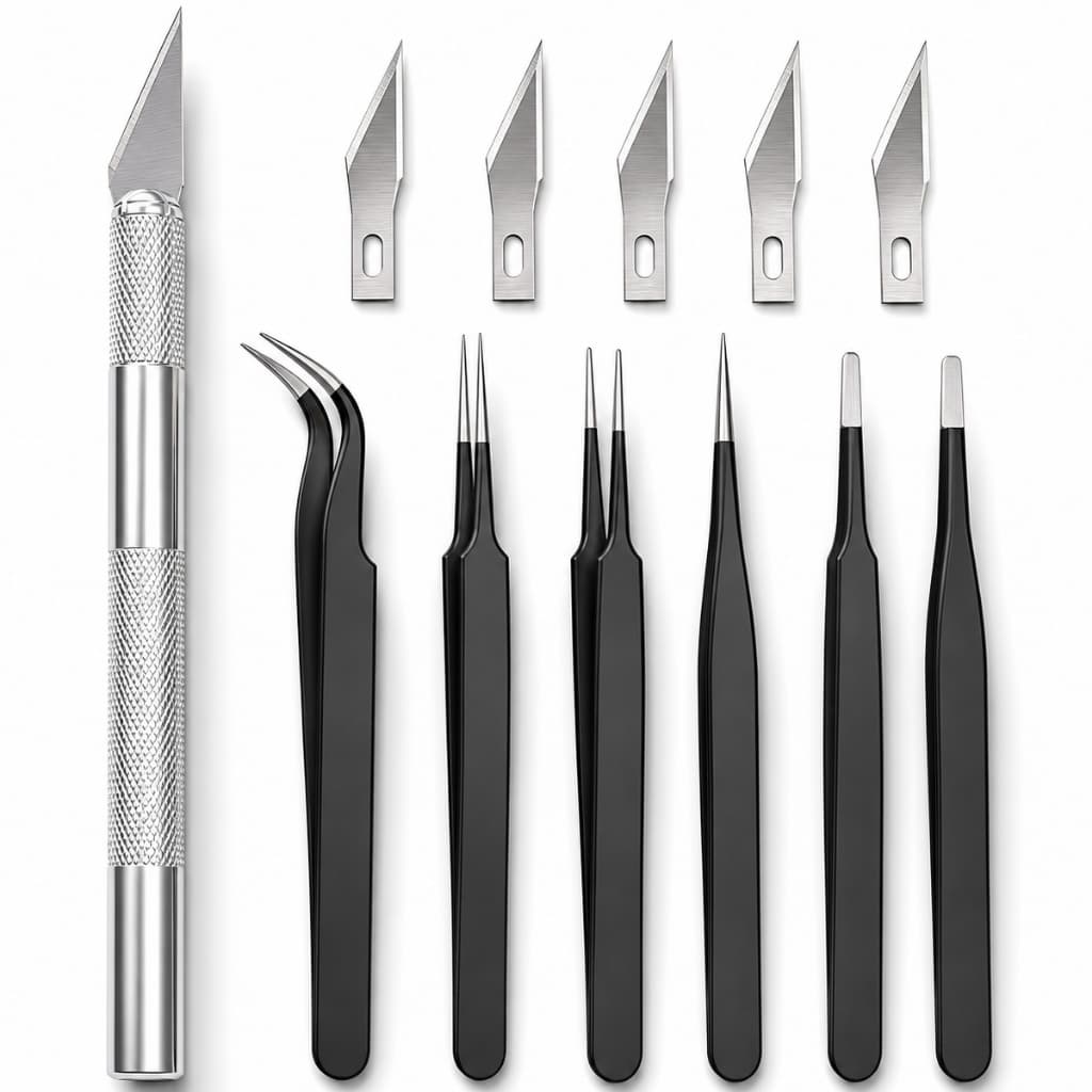 Estilete De Precisão Bisturi 5 Laminas + Pinças Precisão Artesanato Bijuterias