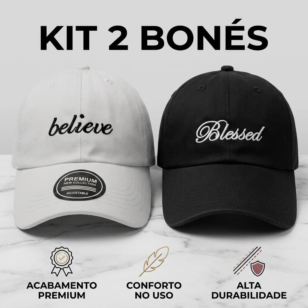 Kit 2 Boné Believe Blessed Preto Azul Marinho Aba Curva Bordado Premium Unissex Estilo Casual